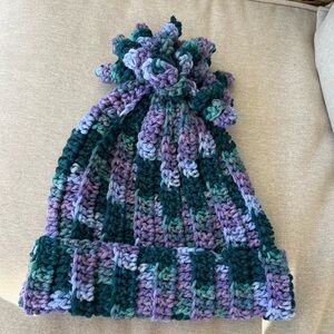 Handmade Crochet Beanie Hat Women’s Purple Teal Knit Winter Cap Colorful Pom Pom